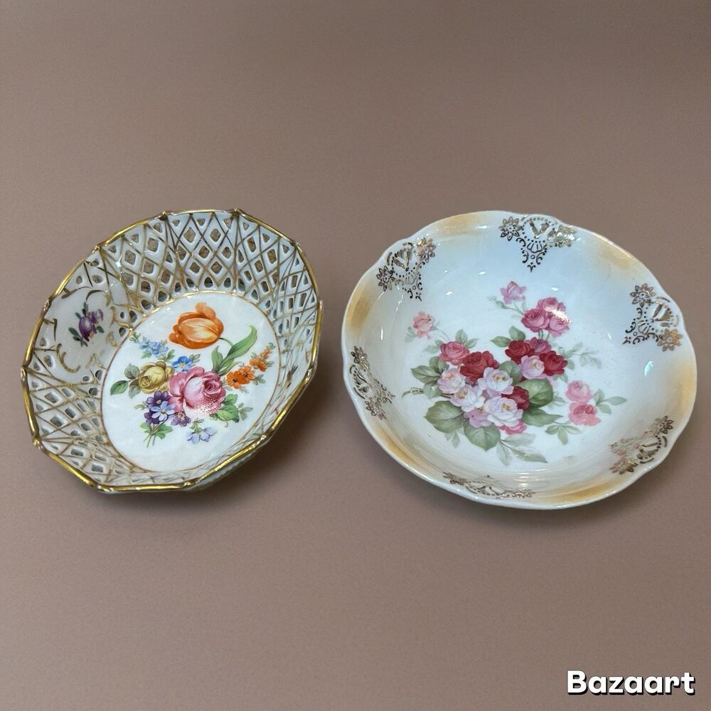 2 Vintage German Porcelain Reticulated Gold Trim Floral Scalloped Bowls Dresden